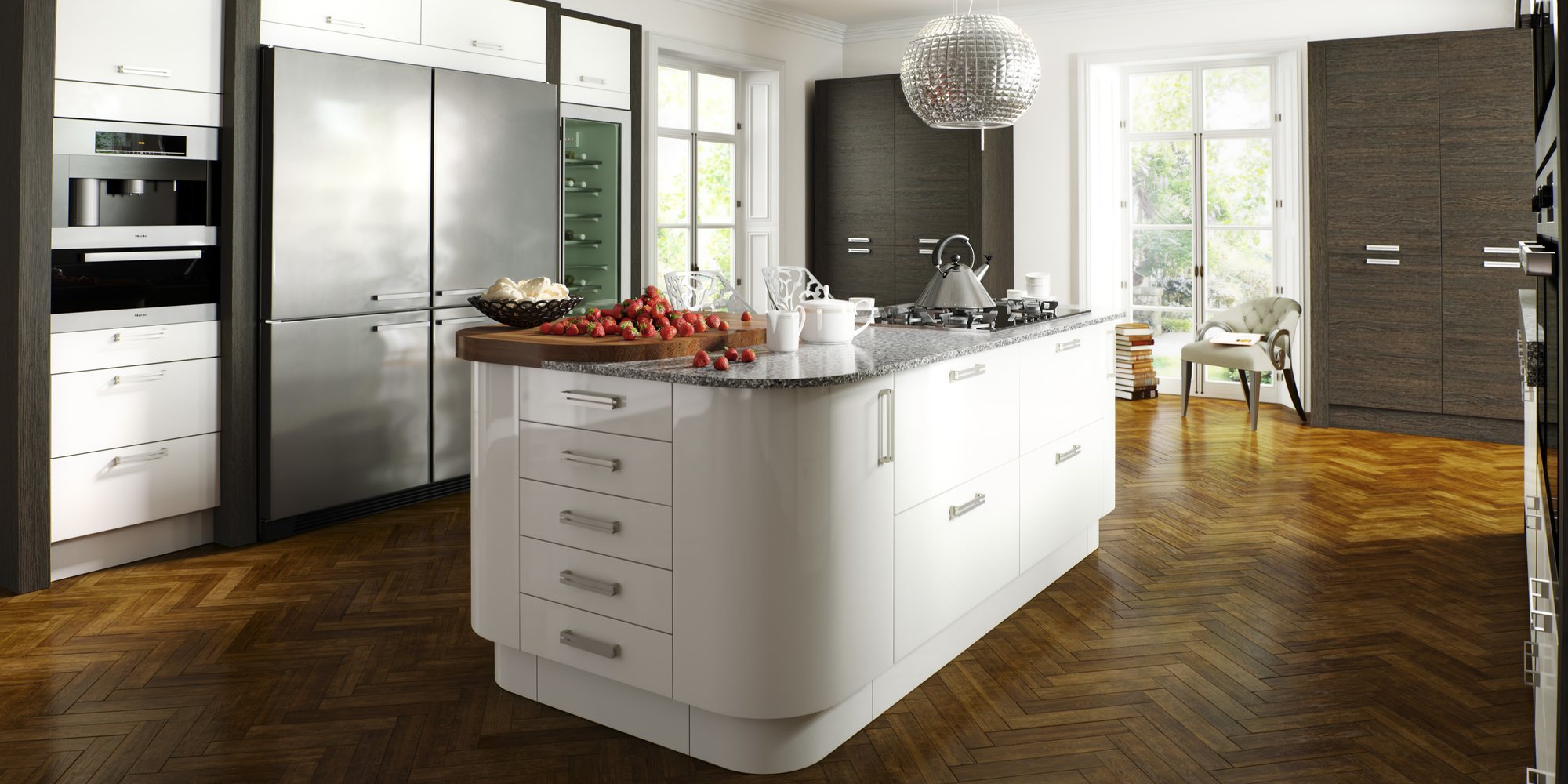 A white gloss island kitchen with dark oak tall units and herringbone parquet flooring